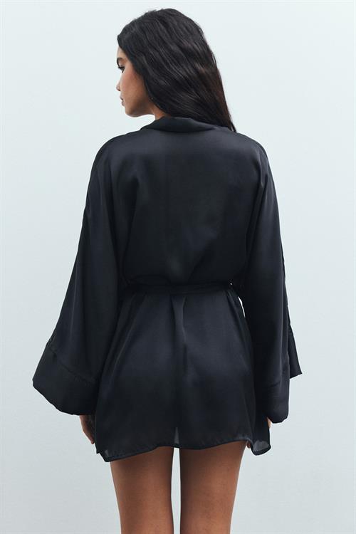 Fumée Siyah Kısa Saten Sabahlık / Kimono