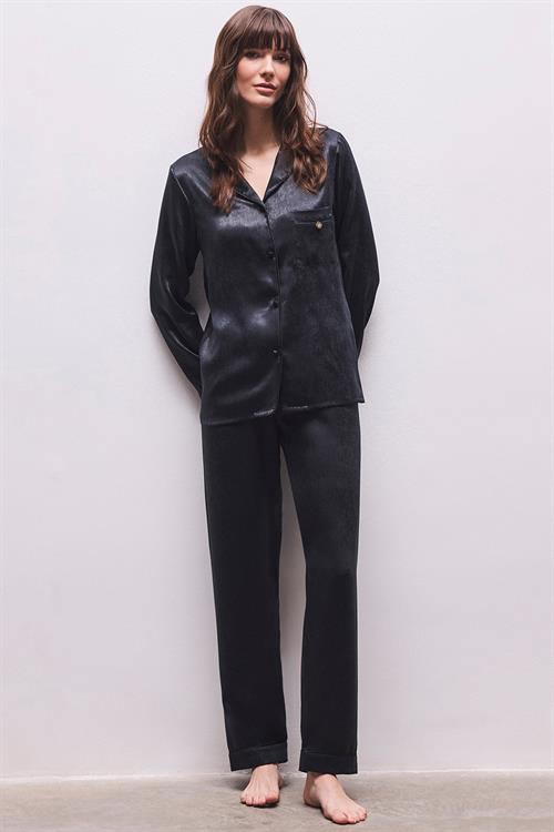 Huly Satin Black Long Pajama Set