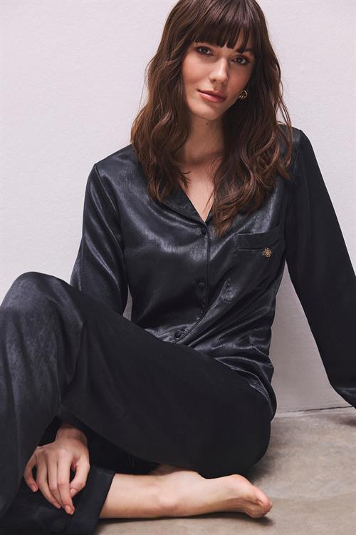 Huly Satin Black Long Pajama Set