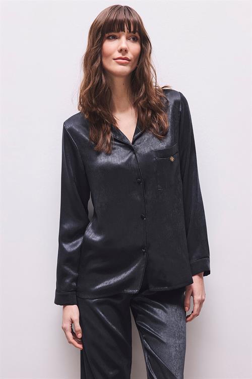 Huly Satin Black Long Pajama Set