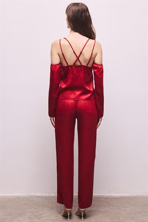 Lax Grogren Detailed Satin Bordeaux Long Pajama Set