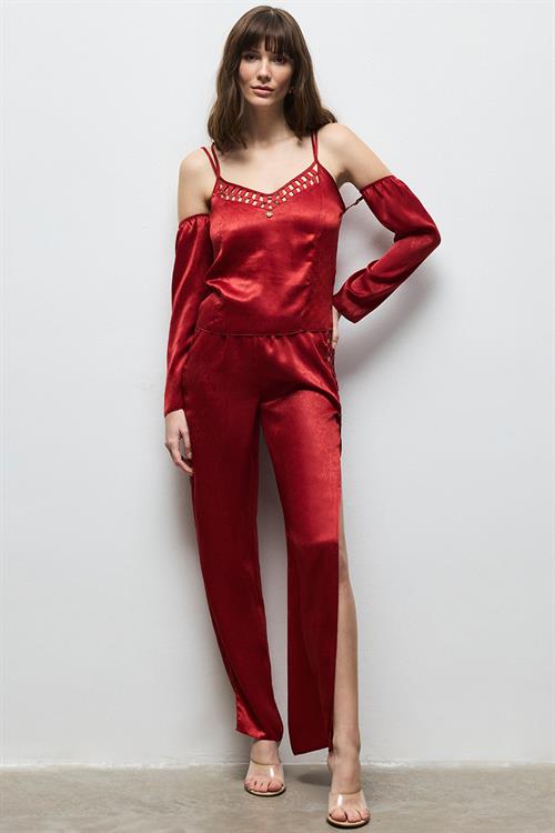 Lax Grogren Detailed Satin Bordeaux Long Pajama Set