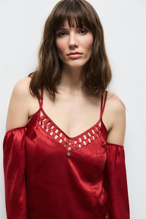 Lax Grogren Detailed Satin Bordeaux Long Pajama Set