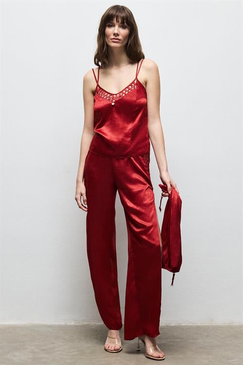 Lax Grogren Detailed Satin Bordeaux Long Pajama Set