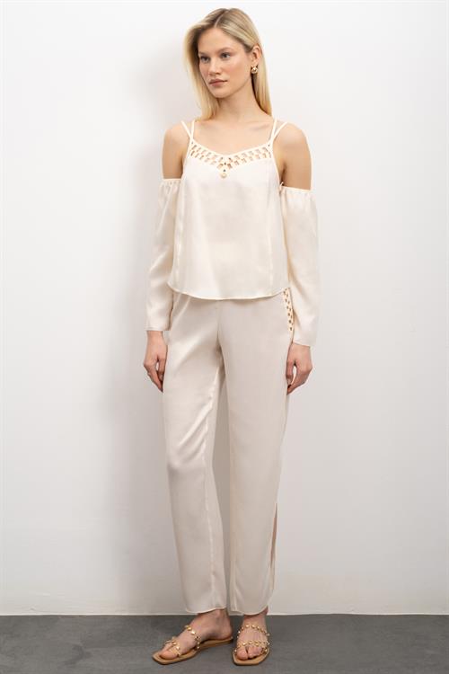 Lax Grogren Detailed Satin Ecru Long Pajama Set