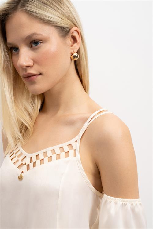 Lax Grogren Detailed Satin Ecru Long Pajama Set