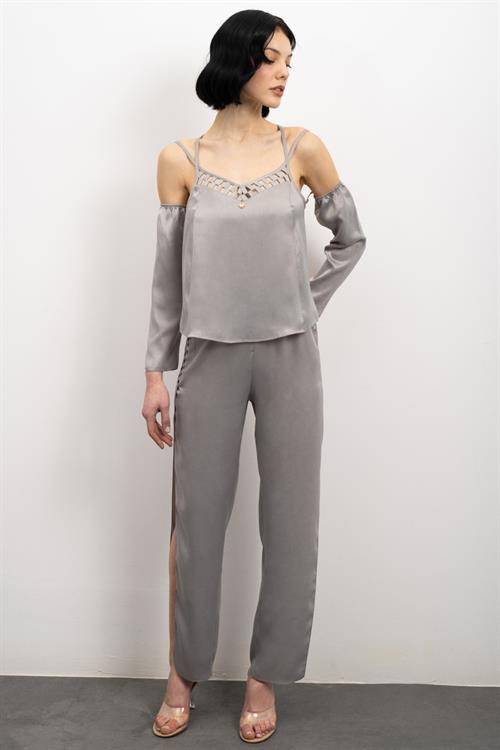 Lax Grogren Detailed Satin Grey Long Pajama Set