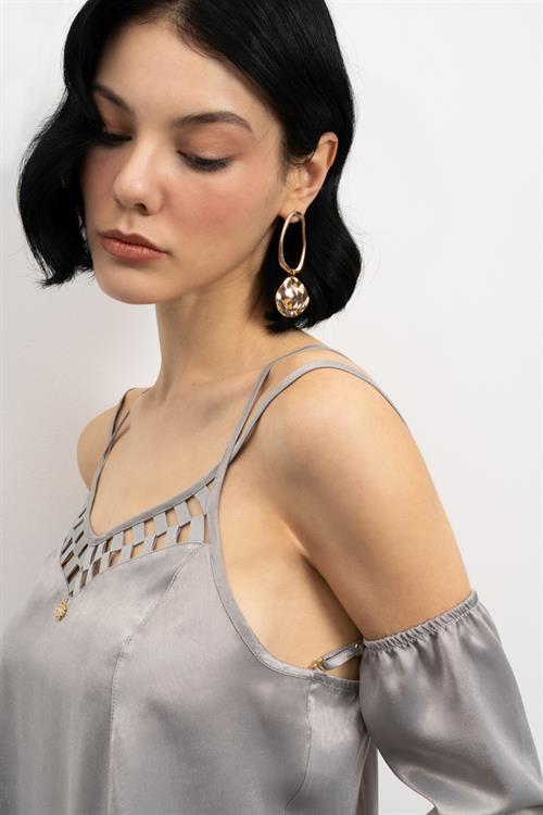 Lax Grogren Detailed Satin Grey Long Pajama Set