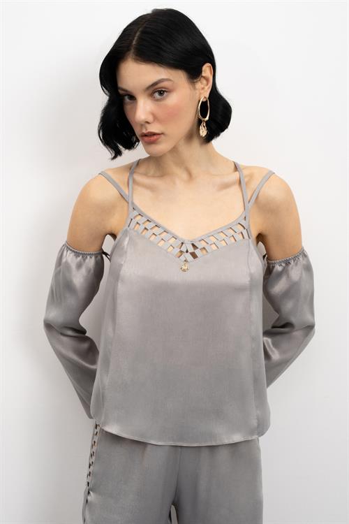 Lax Grogren Detailed Satin Grey Long Pajama Set