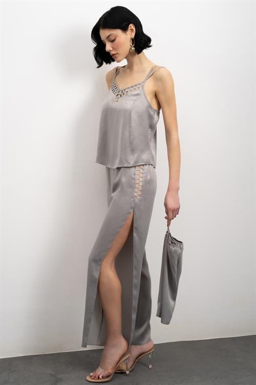 Lax Grogren Detailed Satin Grey Long Pajama Set
