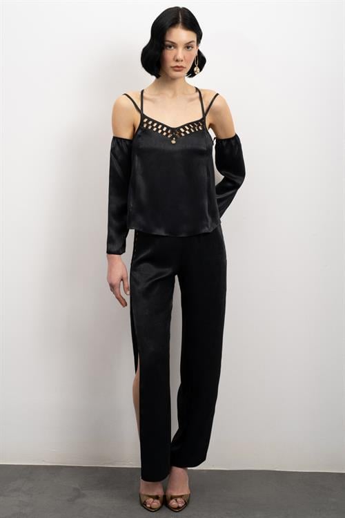 Lax Grogren Detailed Satin Black Long Pajama Set