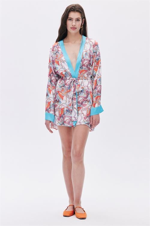 Leyiza Desenli Kısa Saten Sabahlık / Kimono
