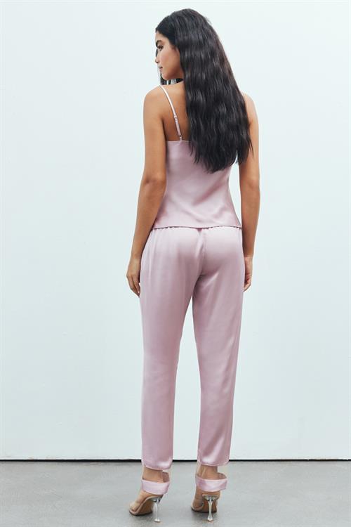 Libre Tulle Detailed Satin Dried Rose Strap Long Pajama Set