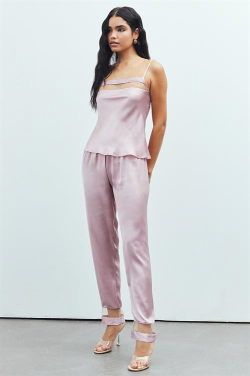 Libre Tulle Detailed Satin Dried Rose Strap Long Pajama Set