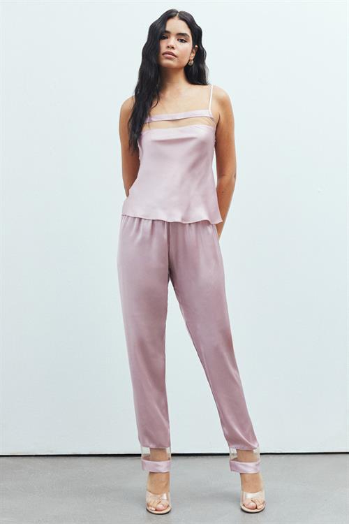 Libre Tulle Detailed Satin Dried Rose Strap Long Pajama Set