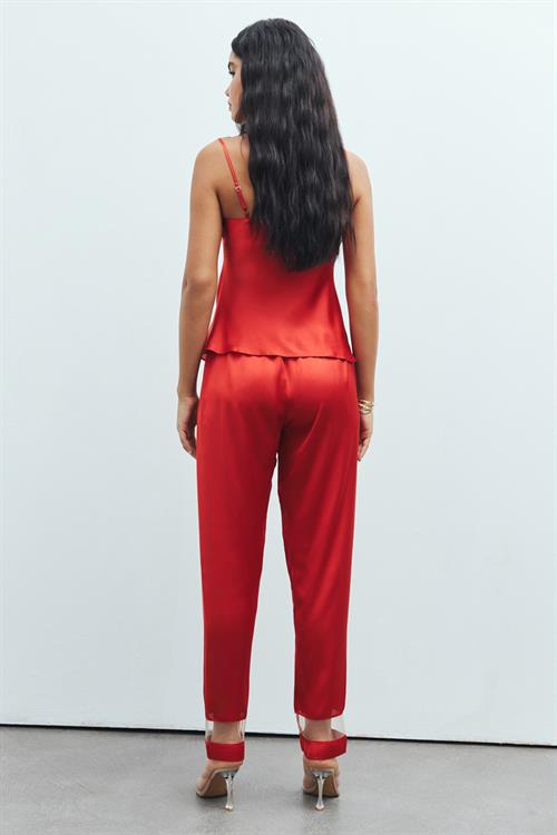 Libre Tulle Detailed Satin Brick Color Strap Long Pajama Set