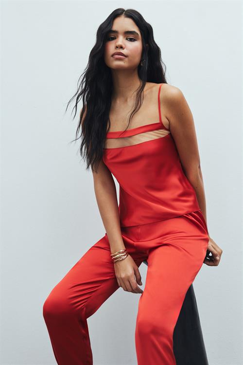 Libre Tulle Detailed Satin Brick Color Strap Long Pajama Set