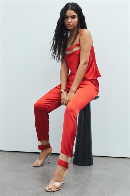 Libre Tulle Detailed Satin Brick Color Strap Long Pajama Set