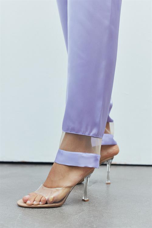 Libre Tulle Detailed Satin Lilac Strap Long Pajama Set