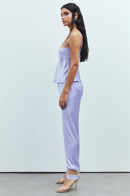 Libre Tulle Detailed Satin Lilac Strap Long Pajama Set