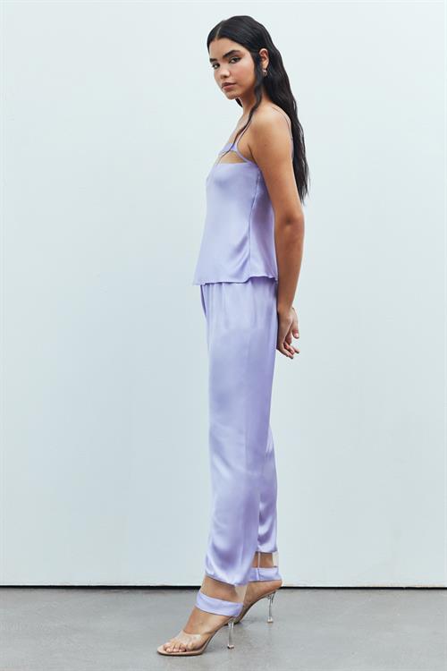 Libre Tulle Detailed Satin Lilac Strap Long Pajama Set