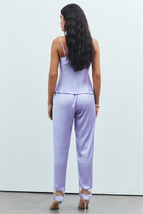 Libre Tulle Detailed Satin Lilac Strap Long Pajama Set