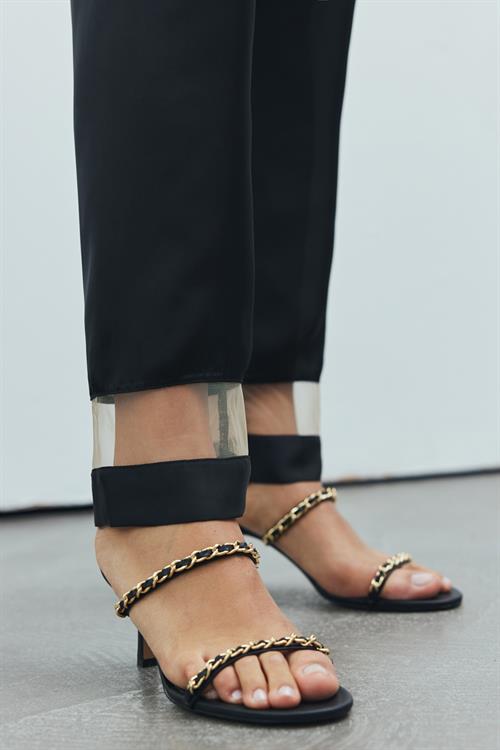 Libre Tulle Detailed Satin Black Strap Long Pajama Set