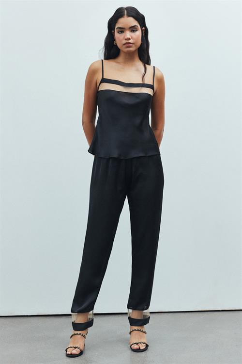 Libre Tulle Detailed Satin Black Strap Long Pajama Set