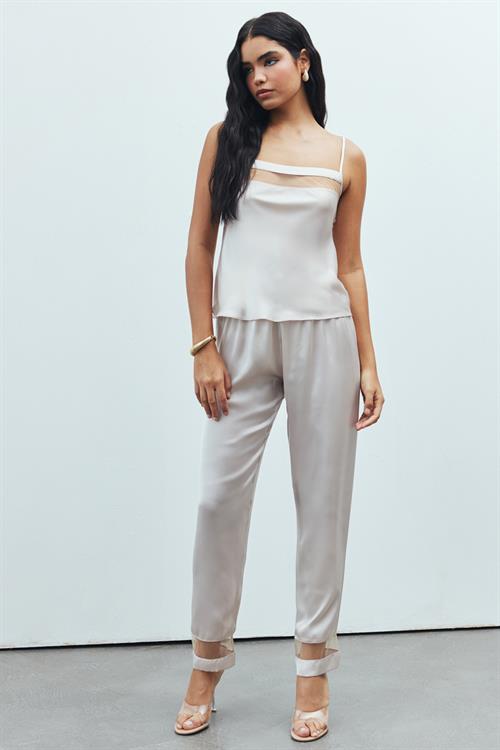 Libre Tulle Detailed Satin Stone Color Strap Long Pajama Set