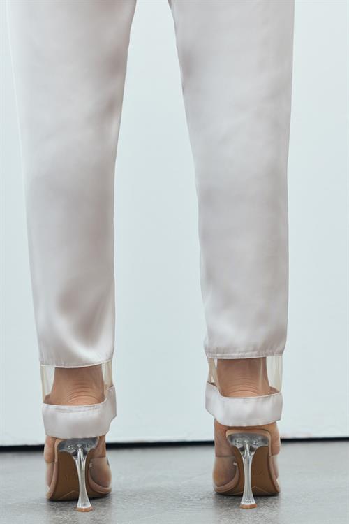 Libre Tulle Detailed Satin Stone Color Strap Long Pajama Set