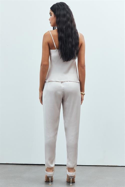 Libre Tulle Detailed Satin Stone Color Strap Long Pajama Set