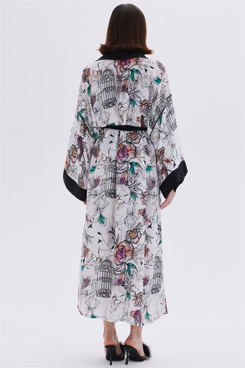 Maison Royale Desenli Saten Detaylı Uzun Viskon Sabahlık / Kimono