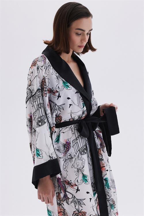 Maison Royale Desenli Saten Detaylı Uzun Viskon Sabahlık / Kimono