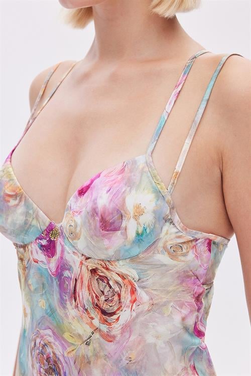 Marguerite Desenli Saten Kısa Gecelik