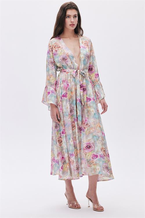 Marguerite Desenli Uzun Saten Sabahlık / Kimono