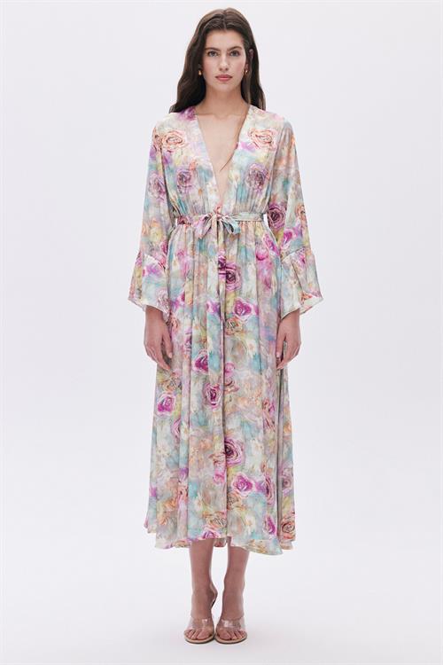 Marguerite Desenli Uzun Saten Sabahlık / Kimono