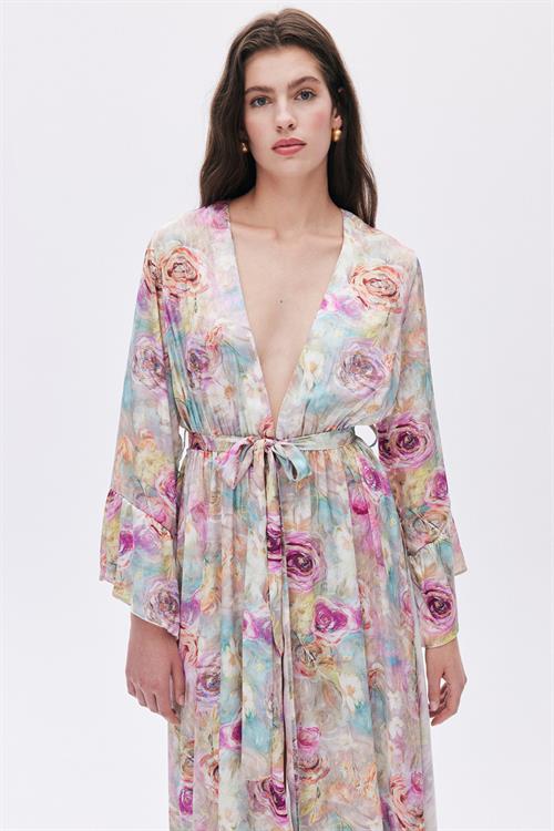 Marguerite Desenli Uzun Saten Sabahlık / Kimono