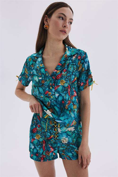 Monets Bond Desenli Kısa Saten Pijama Takımı