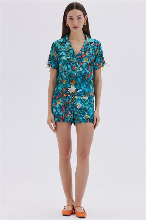Monets Bond Desenli Kısa Saten Pijama Takımı