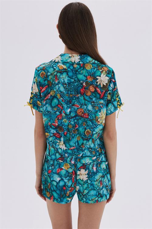 Monets Bond Desenli Kısa Saten Pijama Takımı