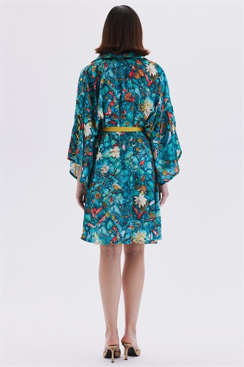 Monets Bond Desenli Kısa Saten Sabahlık / Kimono