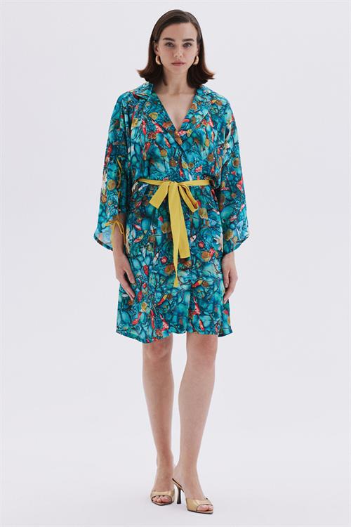 Monets Bond Desenli Kısa Saten Sabahlık / Kimono