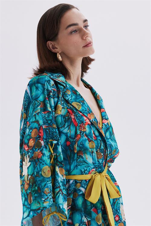 Monets Bond Desenli Kısa Saten Sabahlık / Kimono
