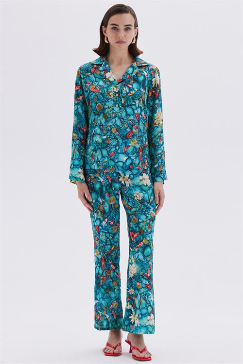 Monets Bond Desenli  Uzun Saten Pijama Takımı