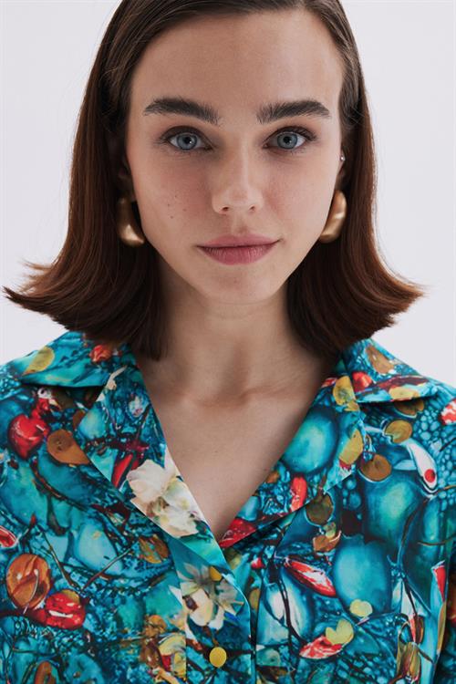 Monets Bond Desenli  Uzun Saten Pijama Takımı