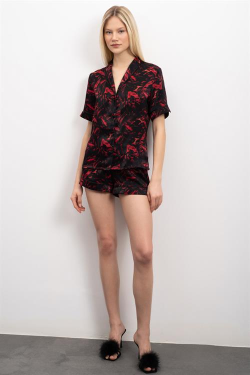 Nissa Patterned Satin Short Pajama Set
