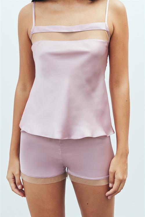 Nuit Tulle Detailed Satin Dried Rose Strap Pajama Set