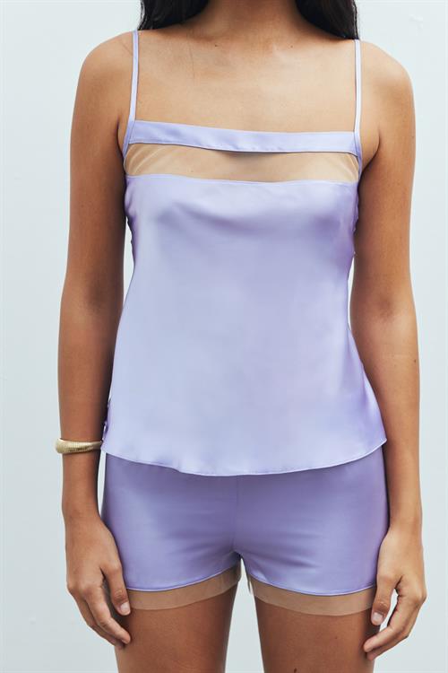 Nuit Tulle Detailed Satin Lilac Strap Pajama Set