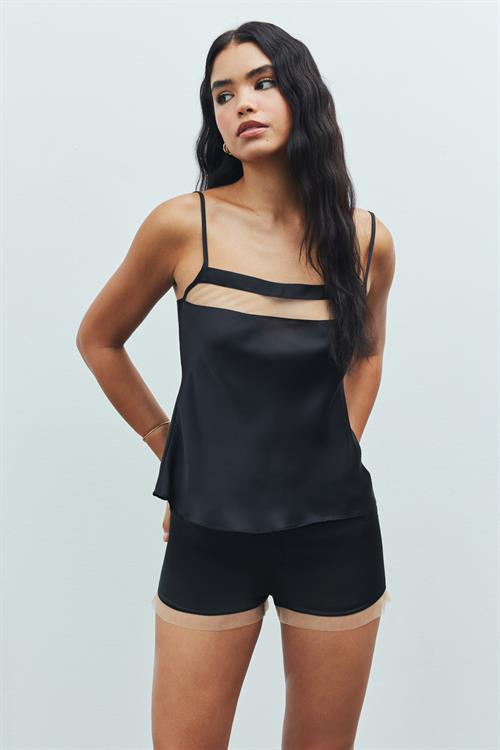 Nuit Tulle Detailed Satin Black Strap Pajama Set