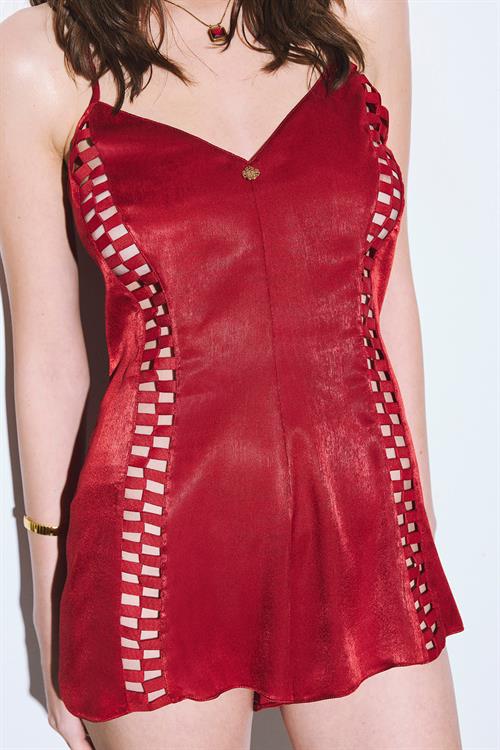 Peevish Grogren Detailed Satin Bordeaux Jumpsuit